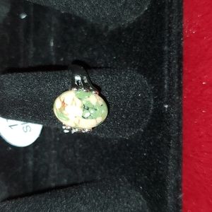 Cream and Green Stone Silver Ring Size 7